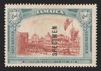 1921 6d Abolition of Slavery, watermarked multiple crown and block CA, overprinted SPECIMEN vertically reading up, an uncommonly fresh example of this sought-after Specimen
stamp, rich colors, o.g., l.h., very fine a very scarce stamp which wa