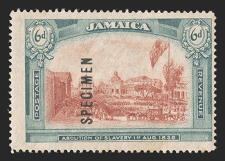1921 6d Abolition of Slavery, watermarked multiple crown and block CA, overprinted SPECIMEN vertically reading up, rich colors, o.g., l.h., small diagonal crease at lower
right, fine appearance a very scarce stamp which was withdrawn prior to