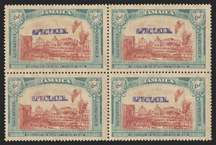 1921 6d Abolition of Slavery, watermarked multiple crown and script CA, handstamped Specimen in violet locally (Samuel Ty. J5), a very rare block of four of this popular
specimen which is virtually the only way it can be obtained as it was with