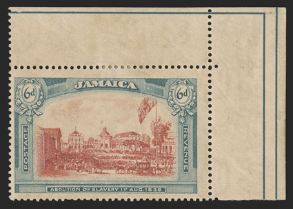1921 6d Abolition of Slavery, watermark multiple crown and script CA, an especially desirable mint example of this rarity, being a top right corner margin single, strong rich
colors, centered slightly to the left as are all known copies, full ori