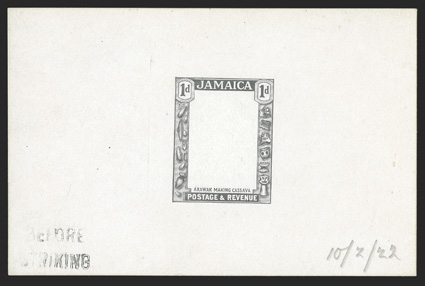 S.G. 92E, 1922 1d Frame only die essay in black on glazed card, 92x60mm, stamped BEFORE STRIKING and dated 10222, fresh and extremely fine (Scott 89E).