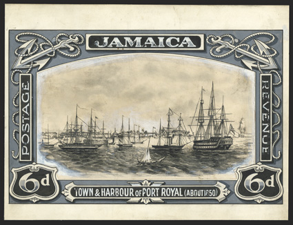 S.G. 98E, 1922 6d Port Royal in 1855 original ink and wash drawing on art board, 258x195mm, very fine highly attractive and well suited for framing, unique, (Scott 95E). This
design replaced the famous 1921 6d Abolition of Slavery stamp,