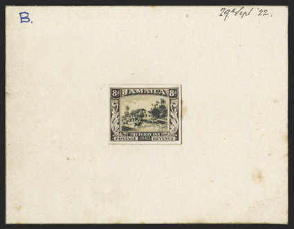 1922 8d Ferry Inn unissued design, composite photographic essay, the vignette slightly touched-up in black, similar to the previous lot but the frame darker, shading beneath
Jamaica, foreground with more detail, etc., affixed to 114x89mm card d