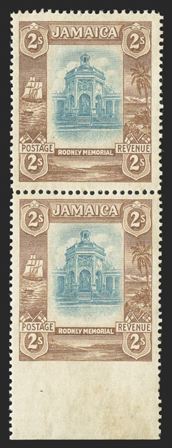 S.G. 100 var., 1922 2- Light blue and brown, imperforate between stamp and sheet selvage, bottom sheet-margin vertical pair, imperforate at bottom, o.g., l.h., very fine and
scarce (Scott 97 var.).