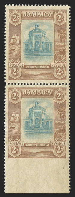 S.G. 100 var., 1922 2- Light blue and brown, imperforate between stamp and sheet selvage, bottom sheet-margin vertical pair, imperforate at bottom, brownish o.g., l.h., very
fine and scarce (Scott 97 var.).