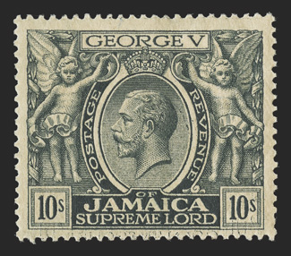 S.G. 103 var., 1922 10- Myrtle-green, major double transfer, mint single showing a double transfer of the denomination and the words Supreme Lord in the bottom margin, o.g.,
l.h., very fine and rare (Scott 100 var.).