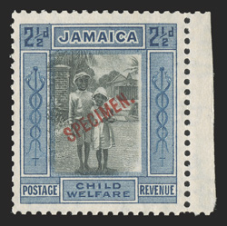 S.G. 104-06s, 1923 ½d+½d to 2½d+½d Child Welfare, overprinted SPECIMEN. in red, two sets, one with horizontal overprints and the other right sheet-margin examples with
diagonal overprints, first set o.g., n.h., the other without gum as produce