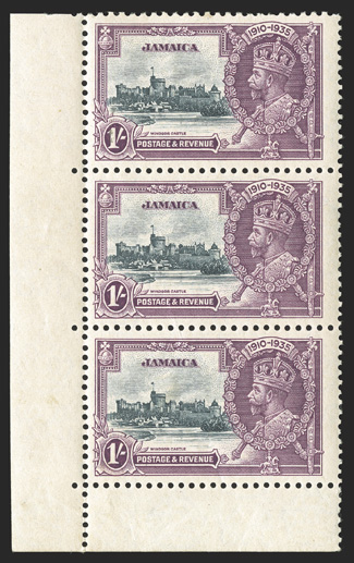 S.G. 115a-117a, 1935 1½d-1- Silver Jubilee, extra flagstaff cplt., 1½d a left margin single, 6d the top stamp in a bottom left corner margin vertical pair and 1- the center
stamp in a bottom left corner margin vertical strip of three, o.g., 6d