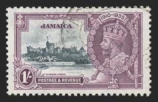 S.G. 115a-117a, 1935 1½d-1- Silver Jubilee, extra flagstaff used singles of each, town cancels not obscuring the variety, 6d with two pinholes, otherwise a very fine set much
scarcer used than mint (Scott 110-112 var.).