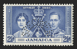 S.G. 118s-120s var., 1937 1d-2½d Coronation imperforate, perforated Specimen in arc (Samuel Ty. D20), large margins all around, o.g., n.h., two with mild gum creases,
otherwise very fine and very rare also includes an l.h. perforated Specime