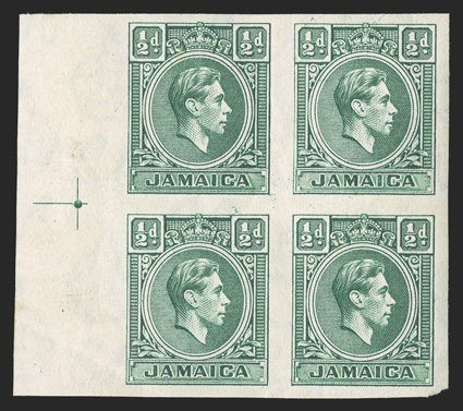 S.G. 121P, 1938 ½d Blue-green, imperforate imprimatur on gummed watermarked paper, left sheet-margin block of four with guide lines, o.g., n.h., top left stamp with a gum
stained spot not showing through, otherwise very fine (Scott 116P).