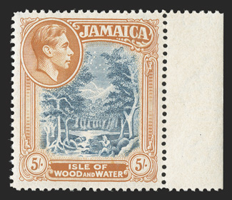 S.G. 132a, 1941 5- Slate-blue and orange-yellow, line perforated 14, a gorgeous right sheet-margin mint example of this very elusive stamp, outstanding centering, post office
fresh, o.g., n.h., extremely fine.The line perforated 14, 5- is a