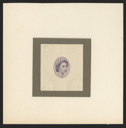 S.G. 153E, 1953 2d Coronation, Vignette only trial color die essay in violet, 27x29mm and mounted on card, very fine (Scott 153E).