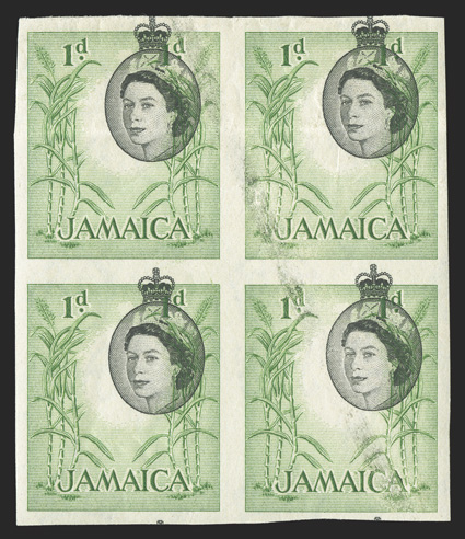 S.G. 160 var., 168 var., 1956 1d Black and emerald imperforate and 1- Blue with center omitted, printers waste removed from De La Rue, blocks of four of each, the 1d on gummed
watermarked paper showing misregistration of the Queens Head, the