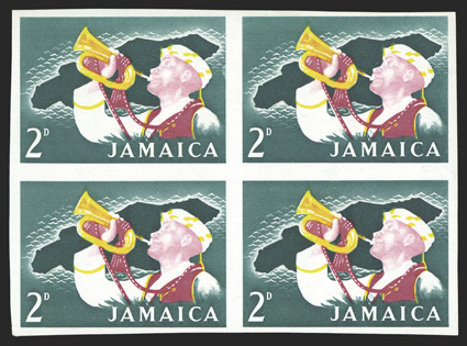 S.G. 193P, 2d Military Bugler and Map, imperforate plate proofs on gummed watermarked paper, two blocks of four, the first as issued, the second with black, including the
overprint, omitted, o.g., n.h., very fine (Scott 181P).