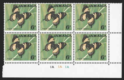S.G. 223a, 1964 6d Butterfly, blue omitted, bottom right corner margin mint block of six (3x2), with 1A color control markers, o.g., n.h., very fine accompanied by matching
normal block for comparison (Scott 223a $420.00).