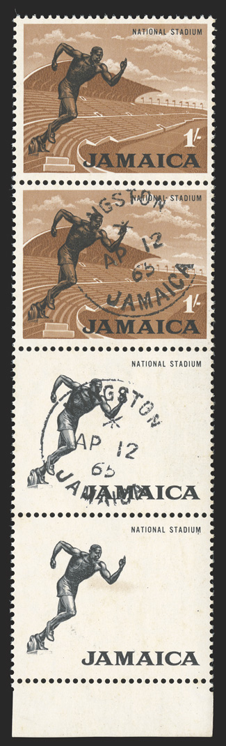 S.G. 226a, 1964 1- Black and light brown, light brown omitted, bottom sheet-margin vertical strip of four, the bottom two stamps the errors, the top error and bottom normal
stamps both cancelled-to-order by clear KingstonJamaicaAp 12, 65 da