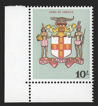 S.G. 231a, 1964 10- Arms of Jamaica, blue omitted, bottom left corner margin single, well centered, o.g., n.h., extremely fine (Scott 231a $300.00).