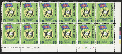 S.G. 242w, 243w, 1965 3d and 16 Salvation Army Centenary, watermark inverted cplt., bottom right corner margin mint block of four and bottom right corner margin mint block of
twelve respectively, o.g., n.h., very fine ex-Cranston (Scott 2