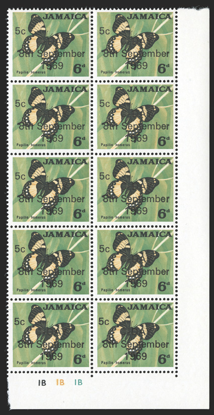 S.G. 284a, 1969 5c on 6d Decimal Currency surcharge, blue omitted, bottom right corner margin block of ten (2x5), with 1B color control markers in the selvage, o.g., n.h.,
very fine accompanied by a matching block for comparison (Scott 283a