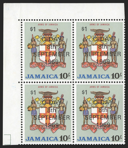 S.G. 291w, 1969 $1 on 10- Decimal Currency surcharge, watermark inverted, top left corner margin mint block of four, o.g., n.h., very fine and scarce (Scott 290
var.).