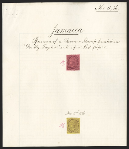 S.G. F1TC, 1865-73 1d Trial color proofs in brown on rose, brown on yellow and purple on white, all perforated and on unwatermarked paper, affixed to two Appendix pages from
the De La Rue Working Day Books, the first two on one page dated Nov