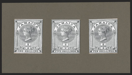 S.G. F7P-9P, 1858 1-, 5- and 10- Victoria, die proofs in black on glazed card, cut to stamp size and mounted on stiff dark brown card, very fine and handsome ex-De La Rue
Archives.