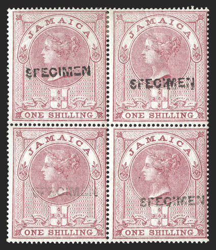 S.G. F7s, 1858 1- Rose on bluish, handstamped SPECIMEN, block of four, o.g., h.r. at top, the bottom stamps n.h., fine a very scarce multiple.