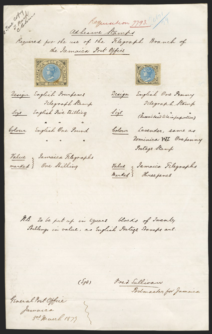 1879 3d and 1- Telegraph stamp essays, manuscript Requisition sheet (202x320mm) upon which are affixed essays for the 3d and 1- designs, each made with printed head in blue
surrounded by hand-drawn pen and ink frames, below which are manuscript