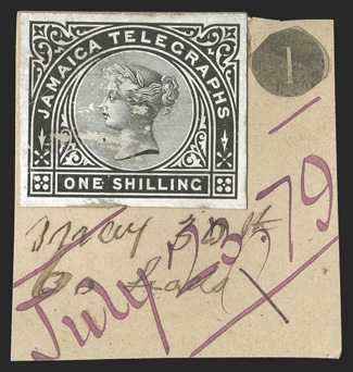 1879 3d and 1- Telegraph stamps, die proofs on glazed card, cut down to stamp size and affixed to separate piece of De La Rue Working Day Book, the first marked May 31st 60
Leads and the second May 31st 60 Leads, both endorsed July 23. 79