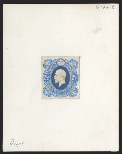 1921 2½d George V postal stationery composite essay, made using the same portrait as used in the 1929 set, with large fancy frame, printed in blue with hand-painted ornaments
and background, the inset vignette is a photographic head of King Georg