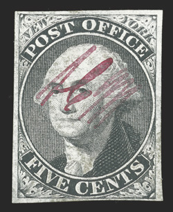 9X1a, New York, N.Y. 5c Black Postmaster Provisional, signed ACM, AC connected, position 11, an exceedingly rare mint single, with full to large margins all around, crisp
impression, virtually full original gum, slight gum soaking just barel