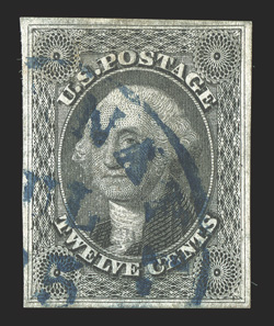 17, 12c Black, used, uncharacteristically large and unusually symmetrical margins all around, strong color and impression, especially attractive blue town c.d.s. of Cincinnati,
Ohio, extremely fine 2000 PF certificate.