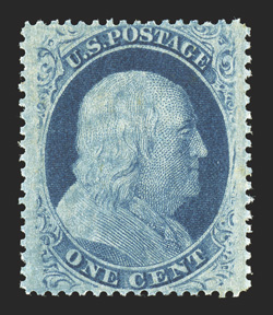 24, 1c Blue, Ty. V, pristine mint single, perfectly centered from top to bottom and from side to side, deep rich color and strong impression, unblemished o.g., n.h., extremely
fine a post office fresh gem 1991 PF certificate.