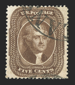 30A, 5c Brown, Ty. II, impressive used example, exceedingly well centered within wide margins, rich color in a dark shade, neat portion of a town cancel, extremely fine 2010
PSE certificate (XF 90 SMQ $800.00).