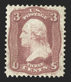 56, 3c Brown rose August, wonderfully fresh mint example, deep rich color, precisely centered, o.g., barest trace of hinging, choice very fine 1984 PF
certificate.