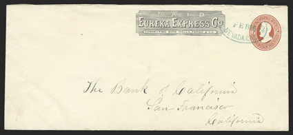 Eureka Express Co. (Haller FE5, Ty. 1) printed frank at top center used on 6c Dark red on amber (U86) legal size entire used to the Bank of San Francisco, conjunctive usage
with blue Wells, Fargo & Co.Feb 16Nevada, Cal. oval datestamp, tri