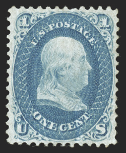 63, 1c Blue, excellent centering, luxuriously rich color and a razor-sharp impression on fresh crisp paper, full clean o.g., lightly hinged, extremely fine 1989 PF certificate
(as 63b, Dark blue) and a 2010 PF certificate.