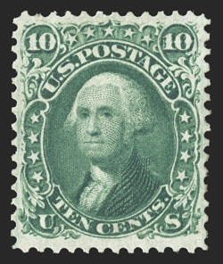 68 var., 10c Green, exceptionally well centered and margined, deep color in the Green shade, o.g., lightly hinged, current certificate states reperforated at bottom and tiny
faults, extremely fine appearance clear 1989 PF certificate and a 2010