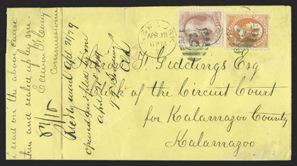 186, 6c Pink, used in combination with 15c Yellow orange 1873 issue (163), tied to refolded 1879 court cover from New York City to Kalamazoo, Mich. by New YorkApr 18 79 duplex
cancels, this being the earliest documented usage of the 1879 6