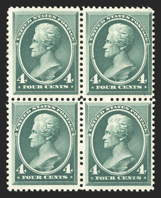 211, 4c Blue green, pristine mint block of four, intense color, unblemished o.g., n.h., fine-very fine.