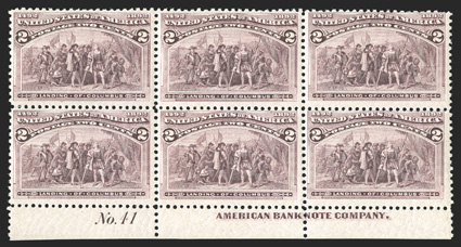 231, 2c Columbian, bottom margin imprint and plate No. 41 block of six, incredibly fresh, strong and intact, o.g., n.h., top left stamp with a trivial natural gum inclusion,
fine-very fine.
