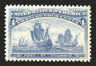 233, 4c Columbian, choice centering within uncommonly large margins, strong fresh color, o.g., n.h., extremely fine 1985 PF certificate.