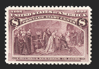 236, 8c Columbian, excellent centering amid uncommonly large margins, deep intense color and impression, o.g., n.h., extremely fine and exceedingly choice 2006 PSE certificate
(XF-Superb 95 SMQ $1,100.00).