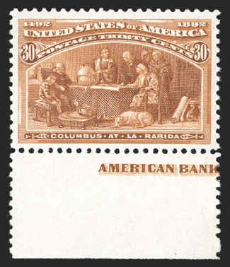 239, 30c Columbian, handsome bottom sheet-margin partial imprint single, marvelously bright and fresh, exceedingly well centered within large margins, o.g., barest trace of
hinging, extremely fine and quite choice 1990 PF certificate (never hin