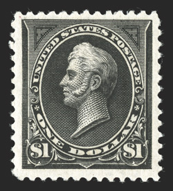 261, $1.00 Black, Ty. I, prooflike color and impression on crisp paper, exceptionally well centered amid margins that are remarkably wide for this particular value, o.g.,
barest trace of hinging (if any), choice very fine 1988 PF certificate (n