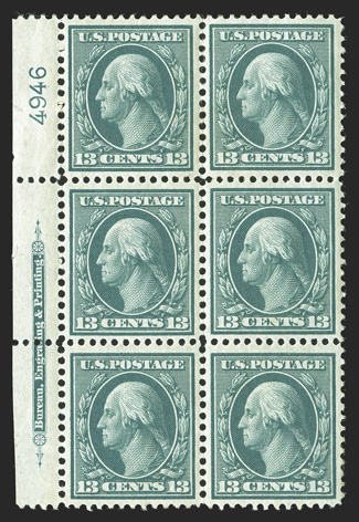 339, 13c Blue green, left margin imprint and plate no. 4946 block of six, excellent centering, deep rich color, o.g., modified selvage, otherwise choice very
fine.