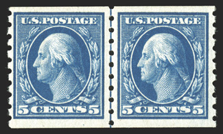 396, 5c Blue coil, perf. 8½ vert., guide line pair, bright color, o.g., barest trace of hinging, very fine 1988 PF certificate (never hinged by omission) and a 2010 PF
certificate.
