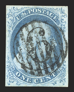 7, 1c Blue, Ty. II, position 8L1E, used, four full and wonderfully even margins, bright color, unusually cancelled by socked-on-the-nose numeral 6 in circle postmark, which was
then overstruck by a small circular grid, very fine a lovely