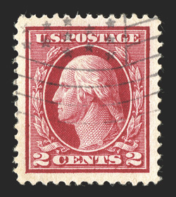 406, 2c Carmine, Ty. I, a spectacular used example, featuring mathematically precise centering amid extraordinarily large margin, intense radiant color, lightly cancelled, a
superb used gem 2010 PSE certificate (Gem 100 Jumbo SMQ $175.00 for a